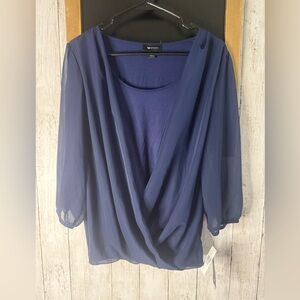 NWT AB Studio M Medallion Necklace Navy Long Sleeve Sheer Top 481